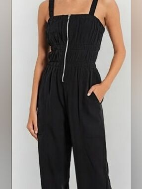 Black Strap Wide-Leg Jumpsuit with Front Zip